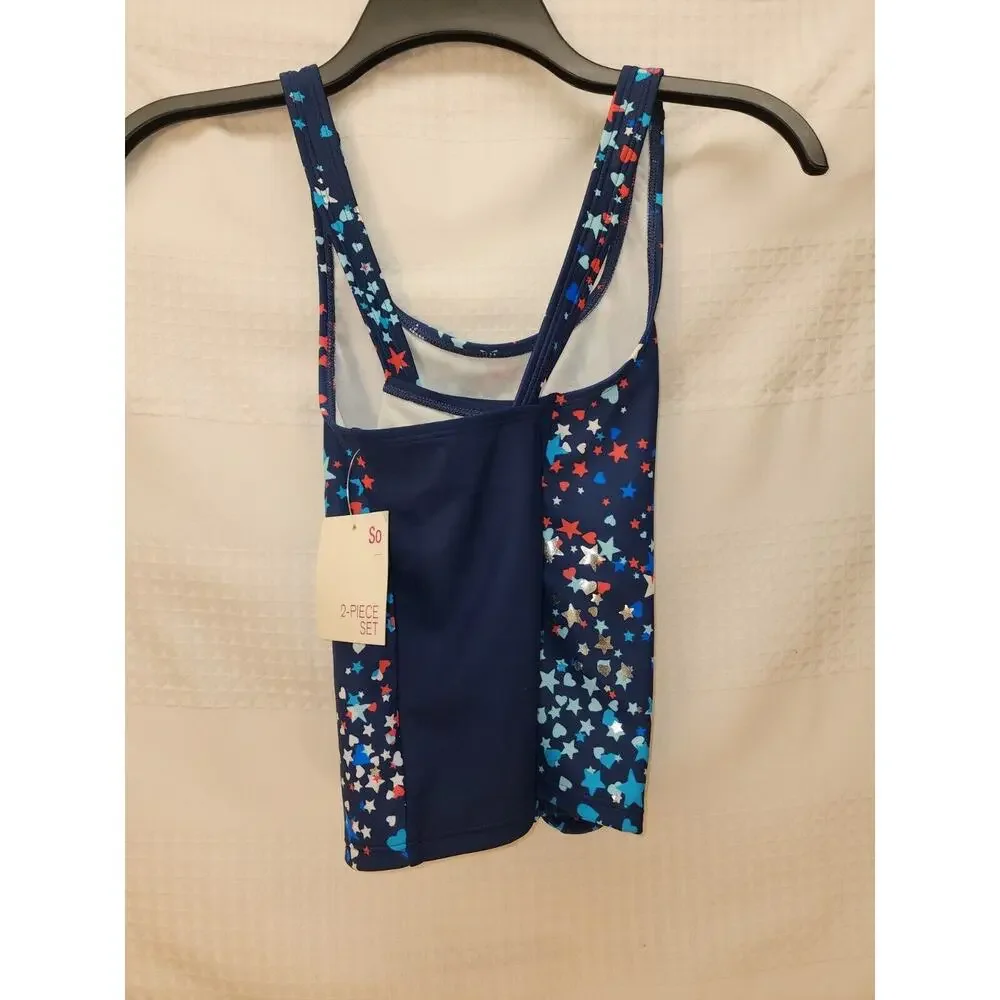 SO Girls Size 12 Tankini Top Stars 4th Of July Blue Red White Tie at Hem 8112 - Picture 3 of 5